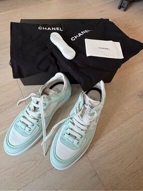 CHANEL Mint Green and White Lace-Up Sneakers